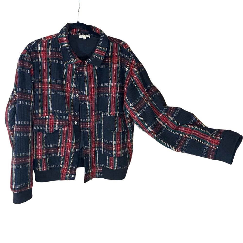 La Miel Plaid Bomber Jacket Large Multicolor Button Front Pockets Retro Grunge